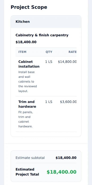HomeCraft OS customer estimate document for fictional Cedar Workshop, with kitchen scope and itemized prices.