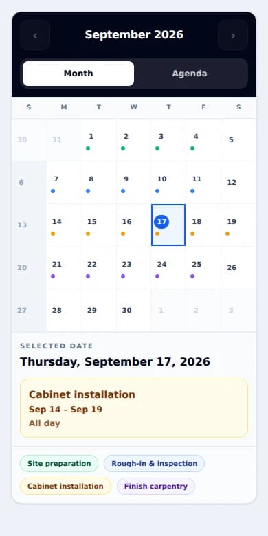 HomeCraft OS project calendar with fictional preparation, rough-in, cabinet and finish phases.